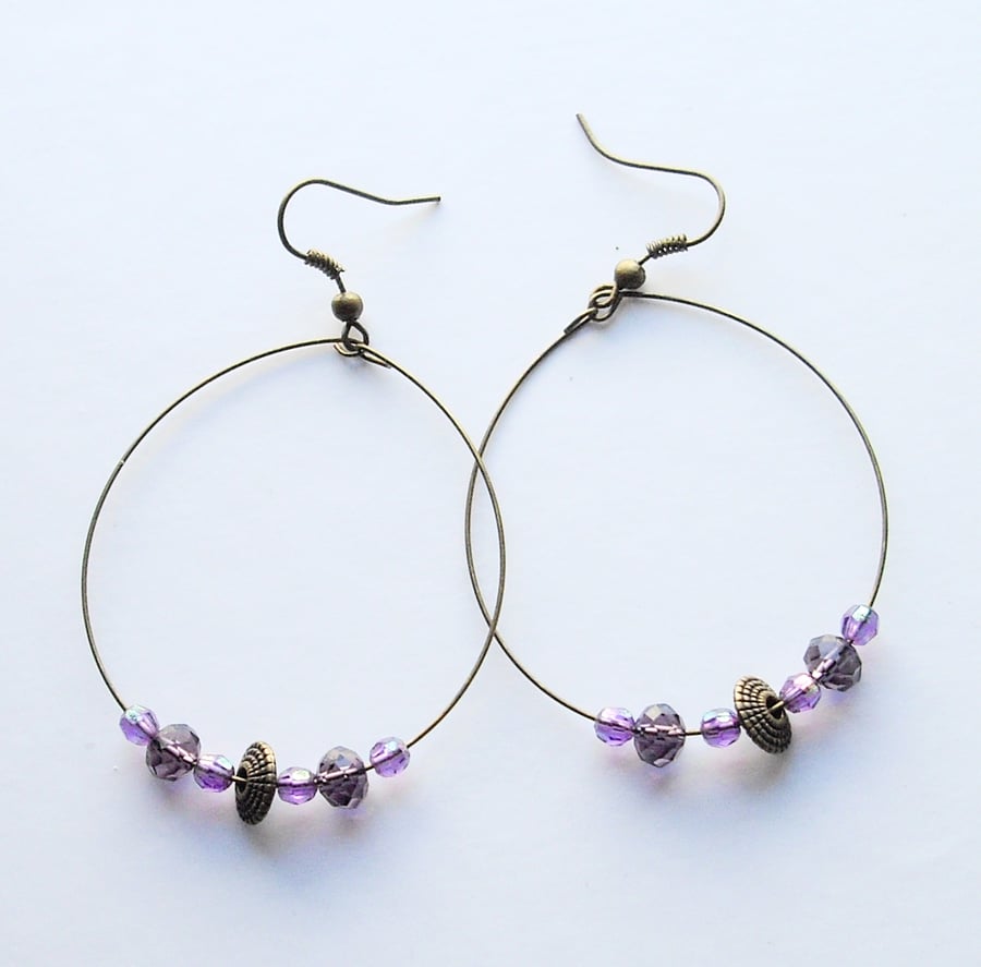 Purple Crystal Bead and Bronze Plated Hoop Earrings - UK Free Post