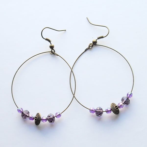 Purple Crystal Bead and Bronze Plated Hoop Earrings - UK Free Post