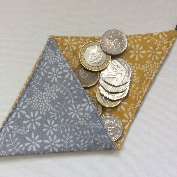  Small Triangular Coin Purse, pouch, silver grey cotton