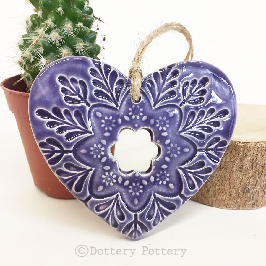 Ceramic heart hanging decoration Pottery Heart Folk art love heart Purple