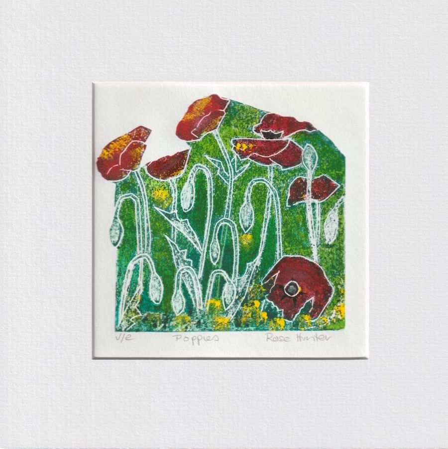 Poppies - 001 original handprinted Lino print