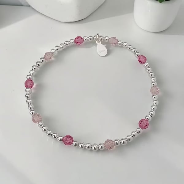 Sterling Silver and Pink Crystal Beaded Stretch Bracelet 