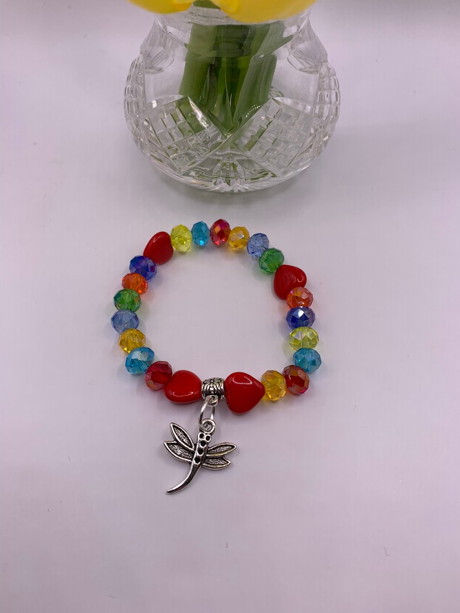Rainbow Crystals, Heart Beads, Dragonfly Charm Bracelet