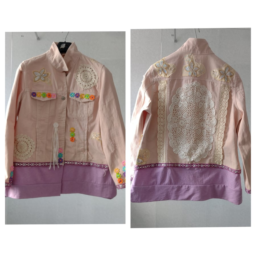 Embellished Pale Pink Distressed Denim Jacket size 20