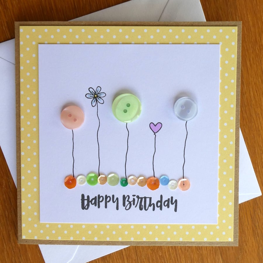 Birthday Card - Buttons, Hearts and Sequins - Kraft - Yellow and Peach