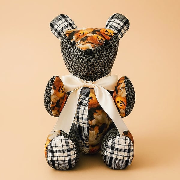 Custom Handmade Teddy Bear -  Seasonal Halloween Print with Bow