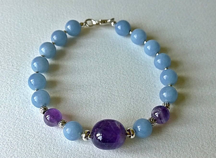 Chevron Amethyst and Angelite Bracelet with Sterling Silver
