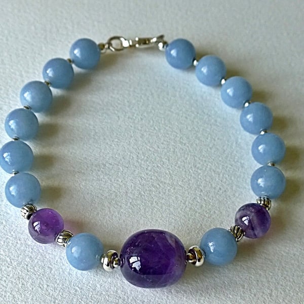 Chevron Amethyst and Angelite Bracelet with Sterling Silver