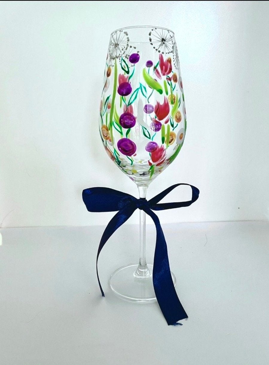 Hand Painted Wine Glasses with Bright Colours and Wildflower Design