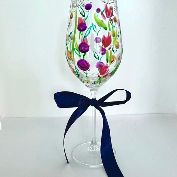 Hand Painted Wine Glasses with Bright Colours and Wildflower Design