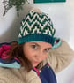 Chunky Green and Blue Mosaic Bobble Beanie Hat.  - Image 3