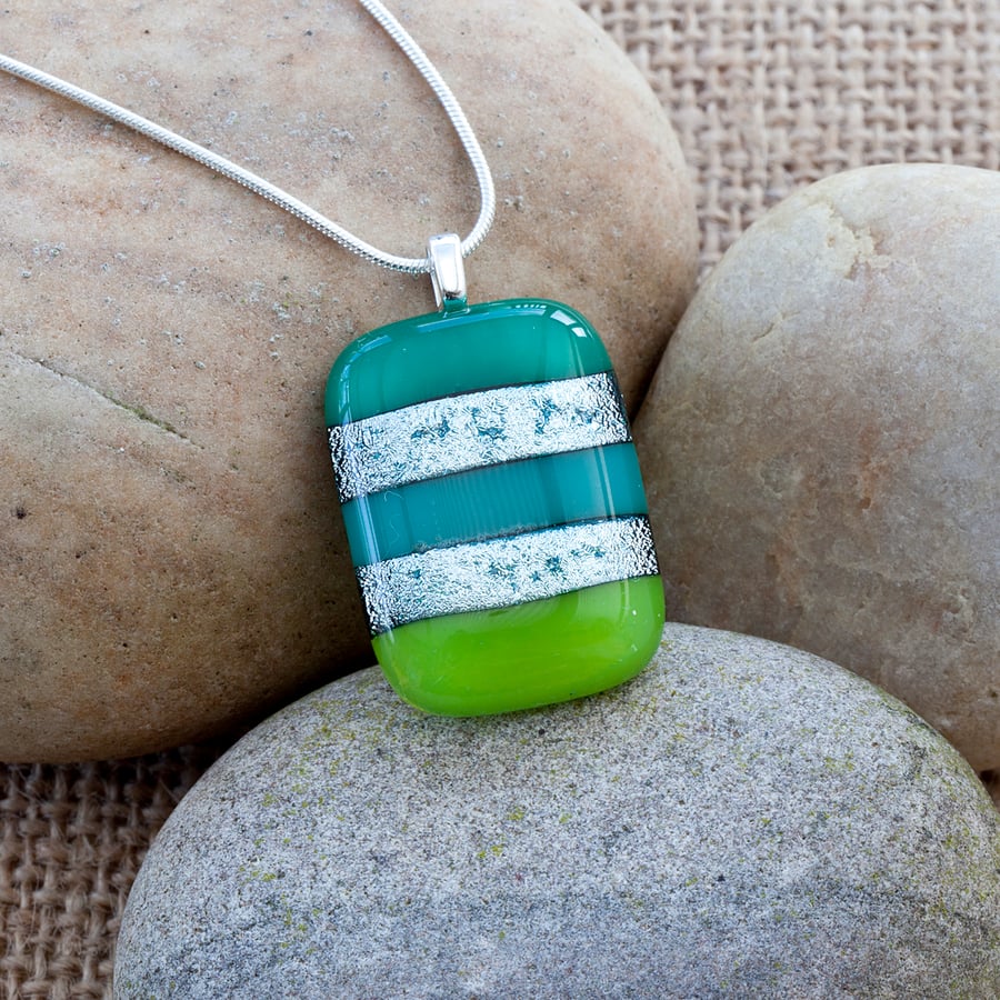 Colourful Green Stripy Fused Glass Pendant with Silver Dichroic