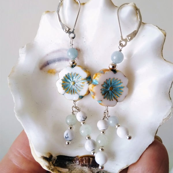 Aquamarine and Czech Glass Flower Silver Earrings, Blue & White Crystal Earring