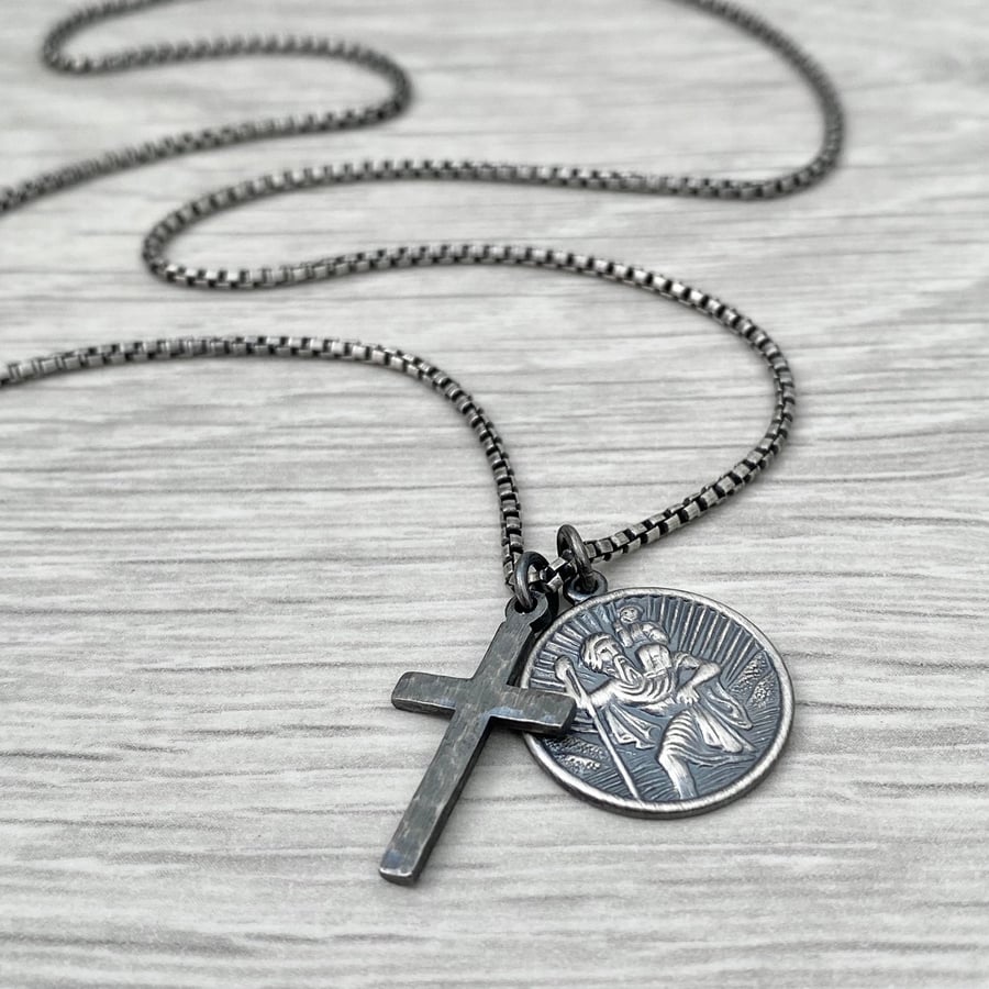 Oxidised or polished silver Saint Christopher and small cross pendants and chain