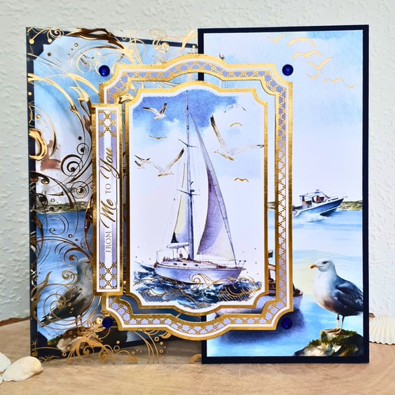 Nautical themed keepsake card for various occasions, with yacht & sea landscape