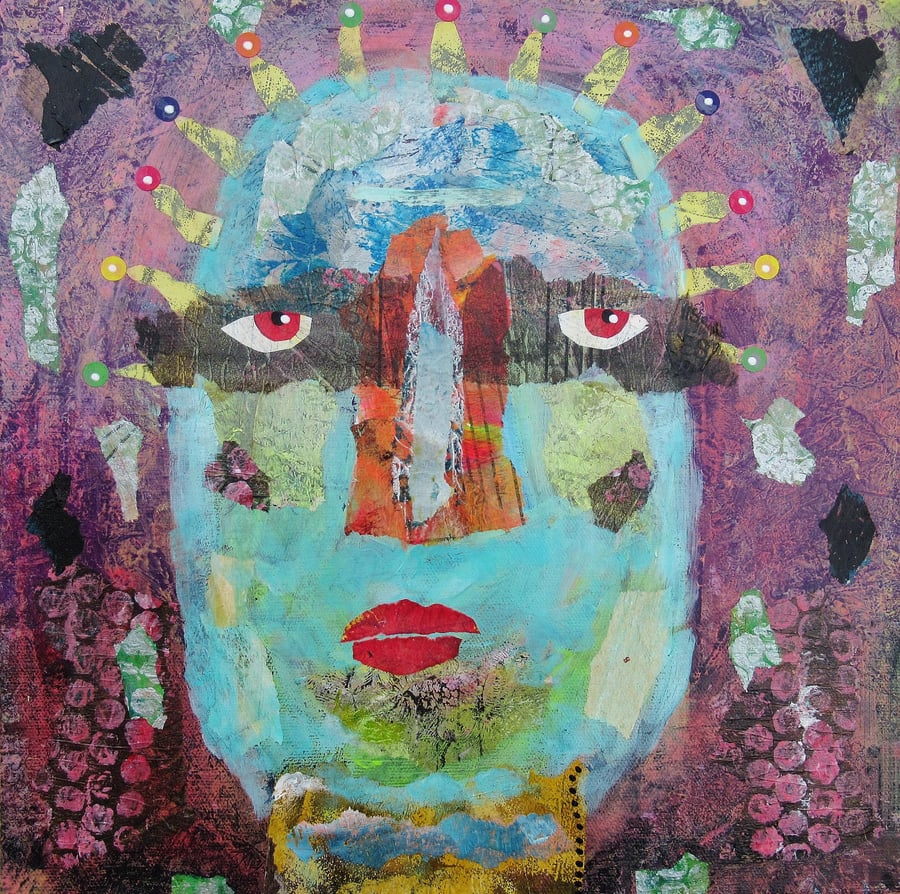 Surreal Portrait Painting Purple Blue Face Outsider Art Brut Mixed Media Artwork