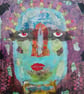 Surreal Portrait Painting Purple Blue Face Outsider Art Brut Mixed Media Artwork