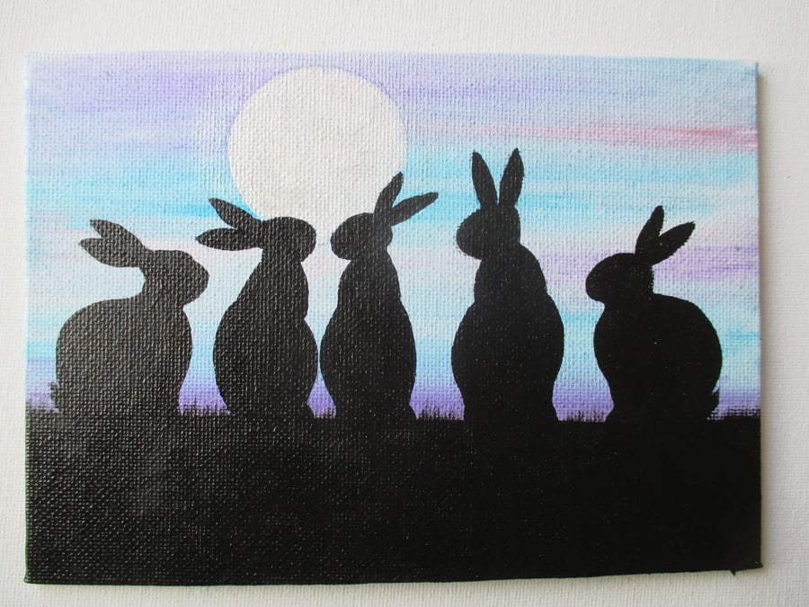 Bunny Rabbit Sky Skyline Silhouette Original Acrylic Painting Picture Art Blue