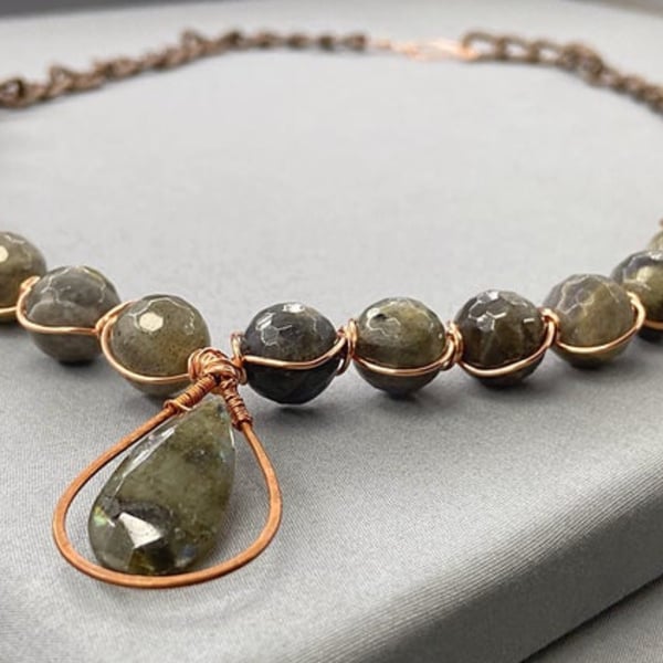 Elegant Labradorite Copper Wire Wrap Necklace with Matching Earrings