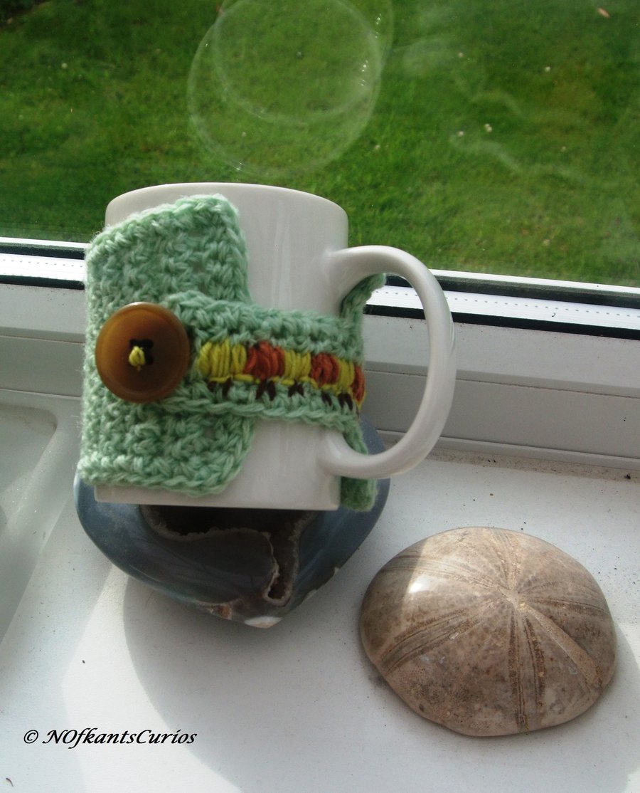 Caterpillar Crocheted & Embroidered Mug Cosy!  Give your Mug a Hug!