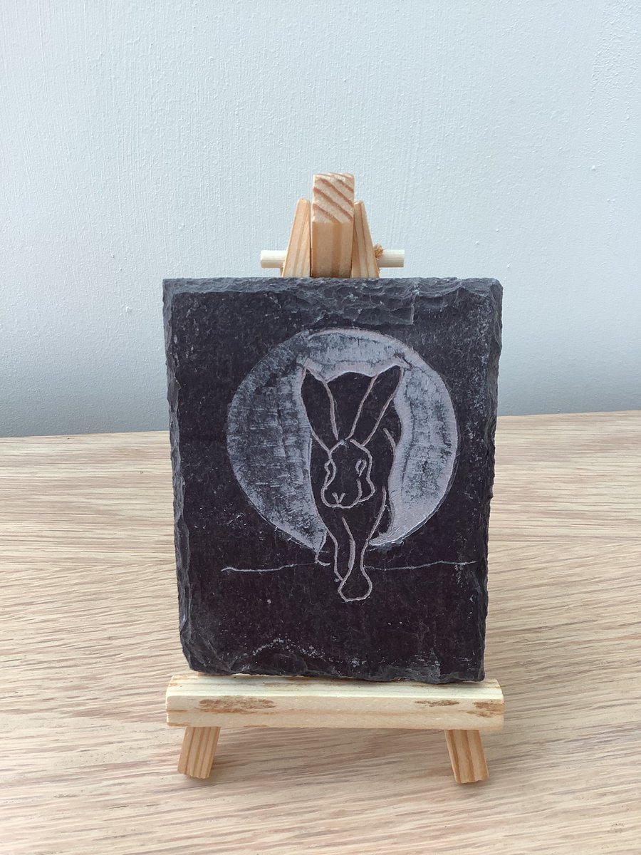 Hare and moon - original art hand carved on slate