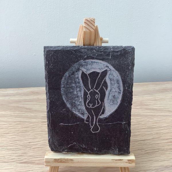 Hare and moon - original art hand carved on slate