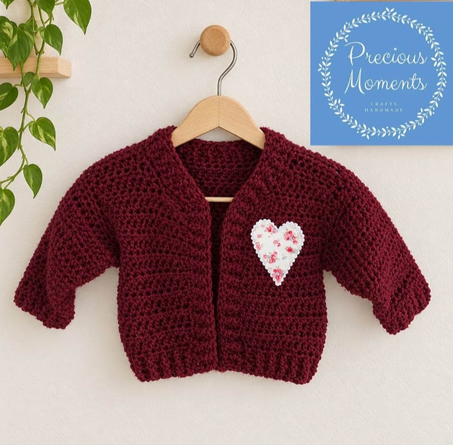 Handmade Crochet Baby Cardigan, Maroon Baby Sweater, Star Appliqué, Newborn 