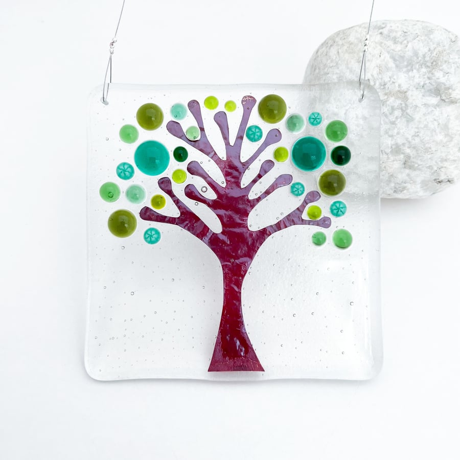 Fused Glass Green Tree Hanging - Handmade Glass Suncatcher