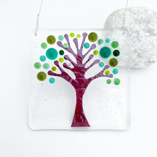 Fused Glass Green Tree Hanging - Handmade Glass Suncatcher