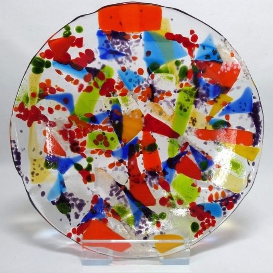 Colourful Multicoloured Cast Glass Plate - shallow glass bowl - decorative plate