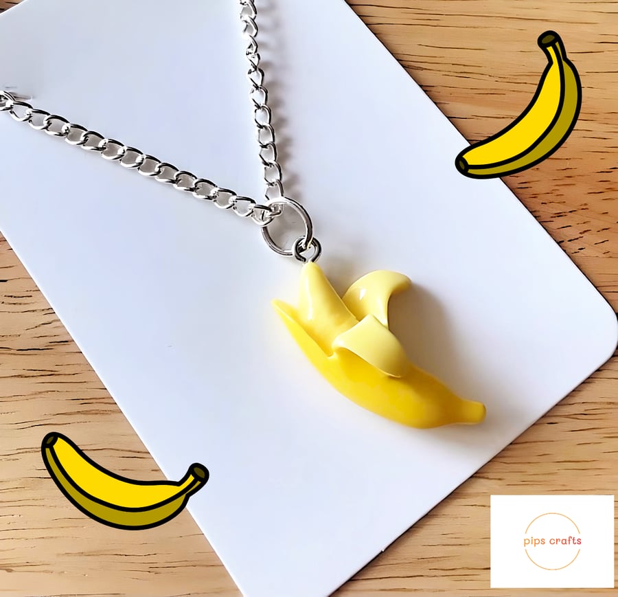 Fun Yellow Banana Fruit Necklace, 18 Inch Chain, Quirky Jewellery Festivals