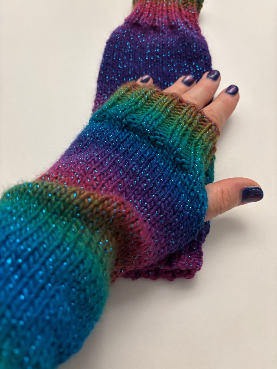 Hand Knitted Fingerless Wrist Warmers Ombre Dark Rainbow