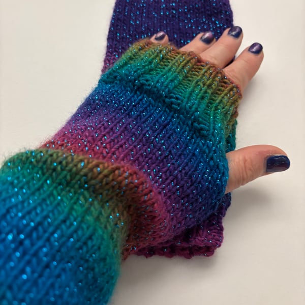 Hand Knitted Fingerless Wrist Warmers Ombre Dark Rainbow