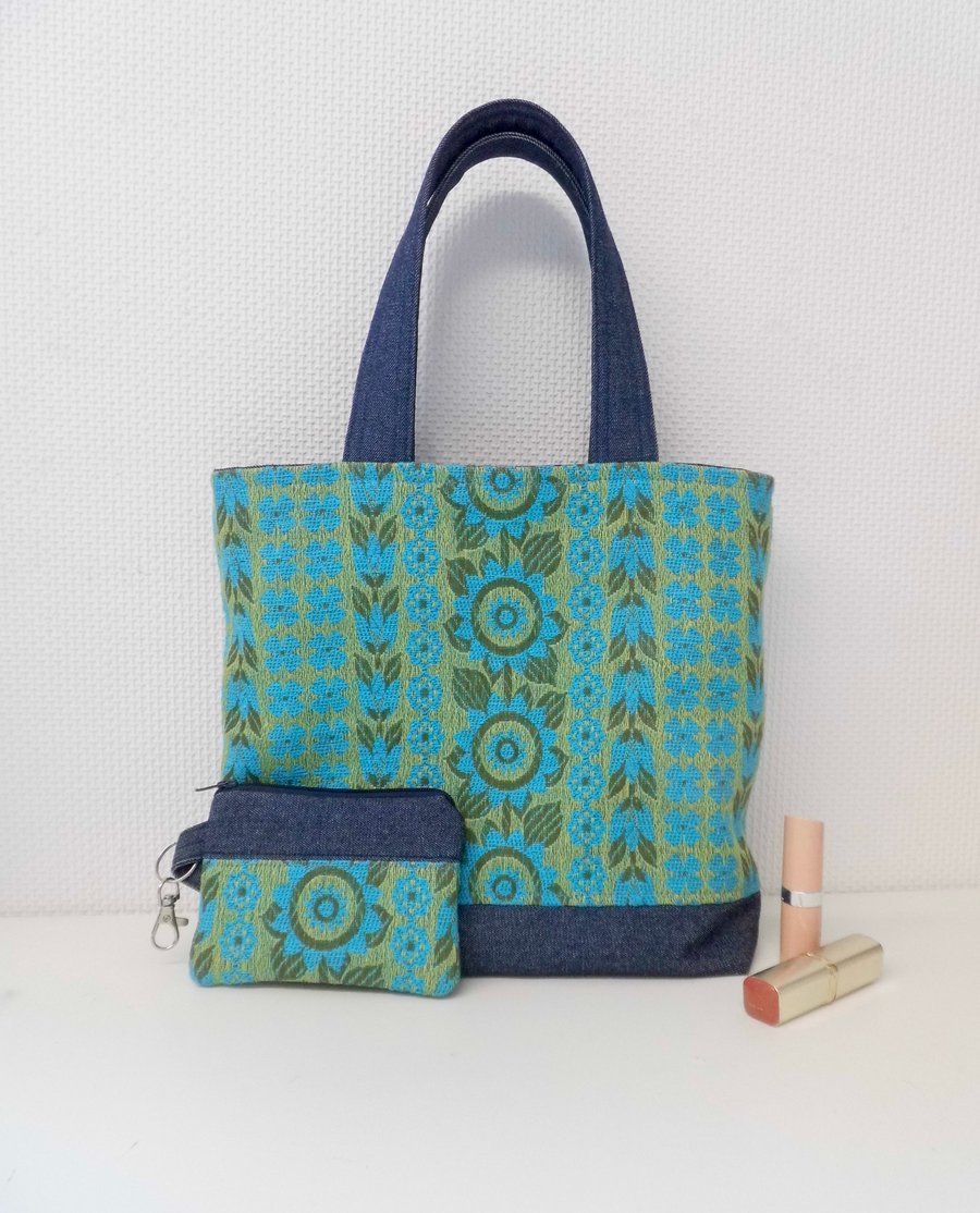 Bucket hand bag mini tote with matching purse set in green and blue denim trim