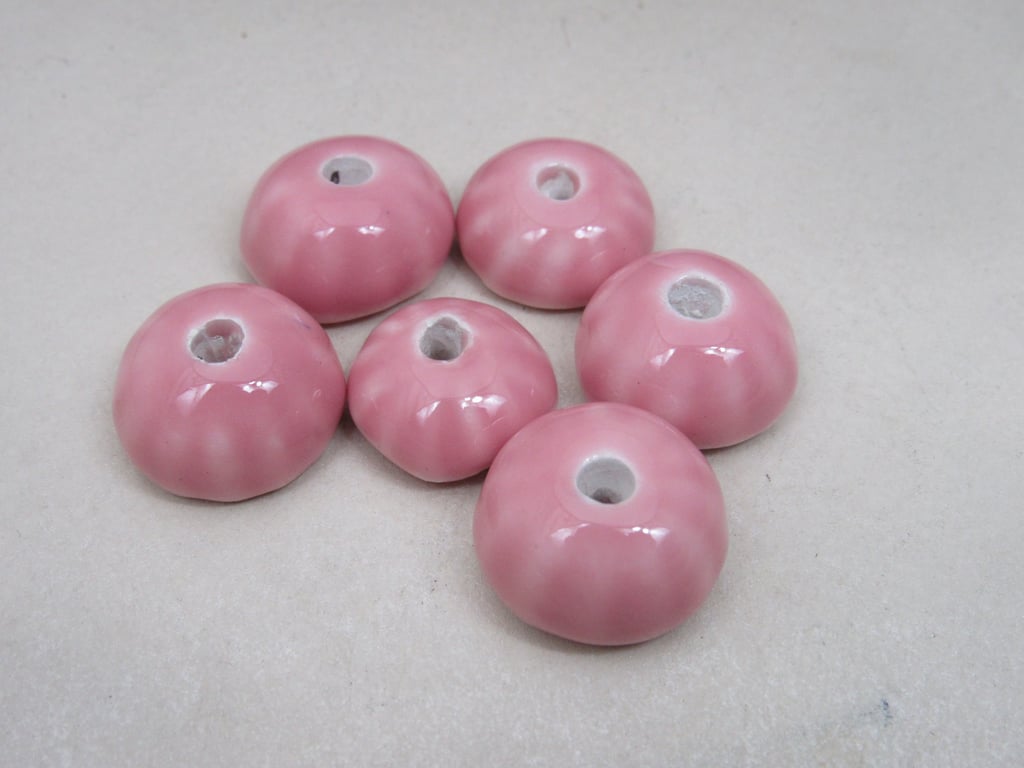 6 Small Shell Pink Half-round Ceramic Flower Beads