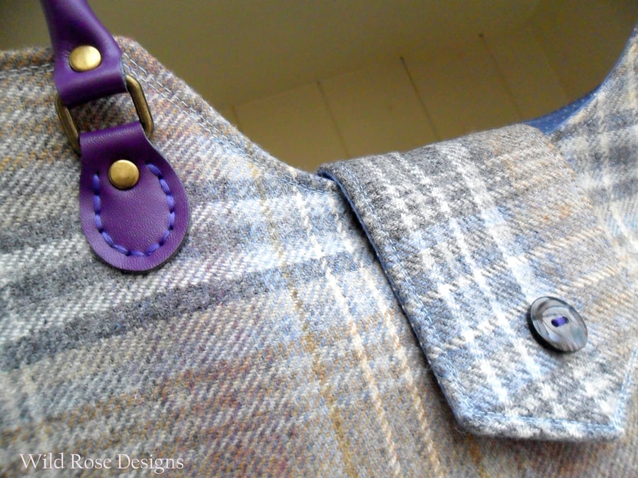  Blue wool check Shoulder bag. Wool tweed Tote bag. 