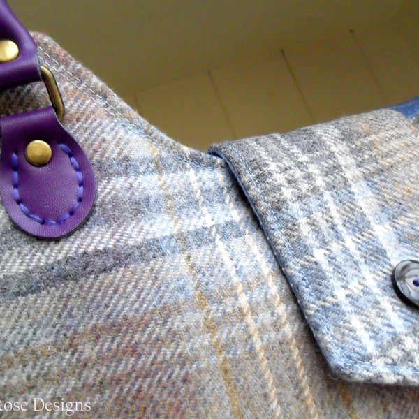  Blue wool check Shoulder bag. Wool tweed Tote bag. 