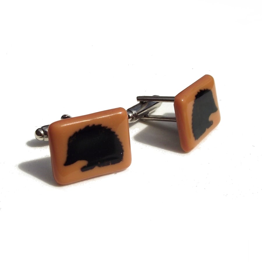 Hedgehog Cuff Links Fused Glass with Screen Printed Kiln Fired Enamel