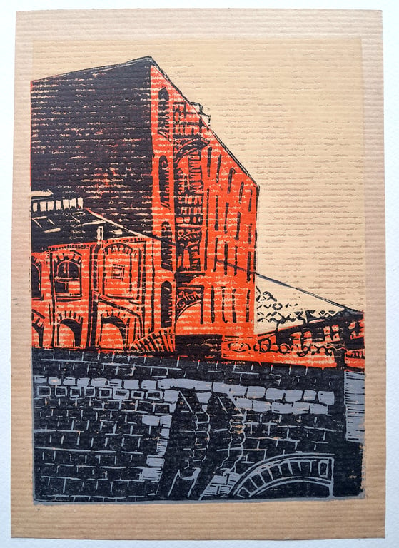 Weir Mill, Original 4 colour handmade linocut print