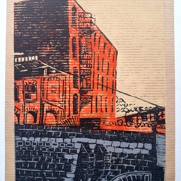 Weir Mill, Original 4 colour handmade linocut print