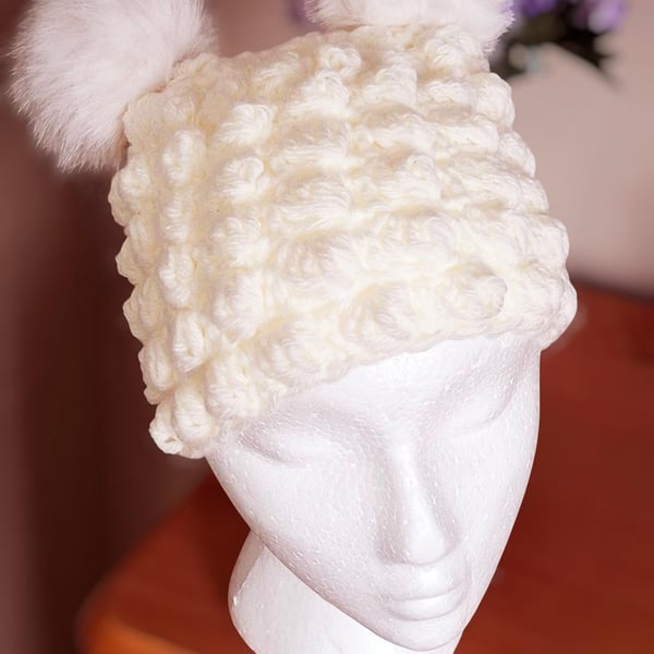 Double Bobble Beanie. Handmade Crochet Hat