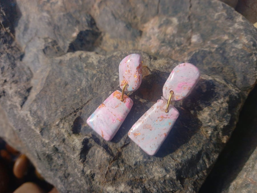 Marbled Turquoise, Pink and Gold Leaf Dangle Earrings