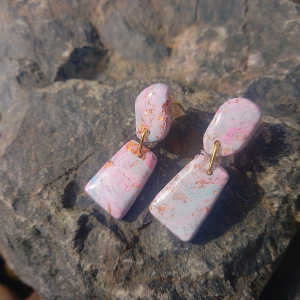Marbled Turquoise, Pink and Gold Leaf Dangle Earrings
