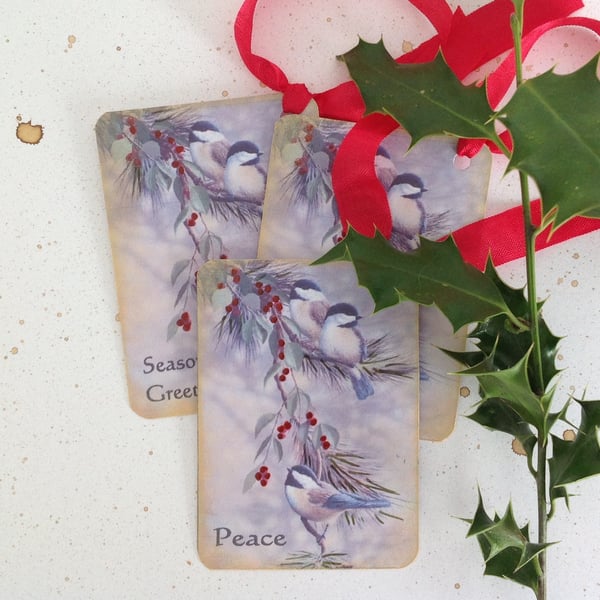 GIFT TAGS, Christmas . Set of 3 ( with diff. sentiments) Bird , berries. Winter.