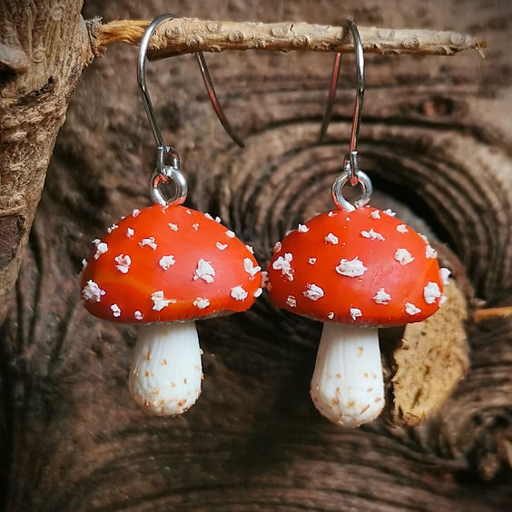 Round Fly Agaric Red Mushroom Earrings