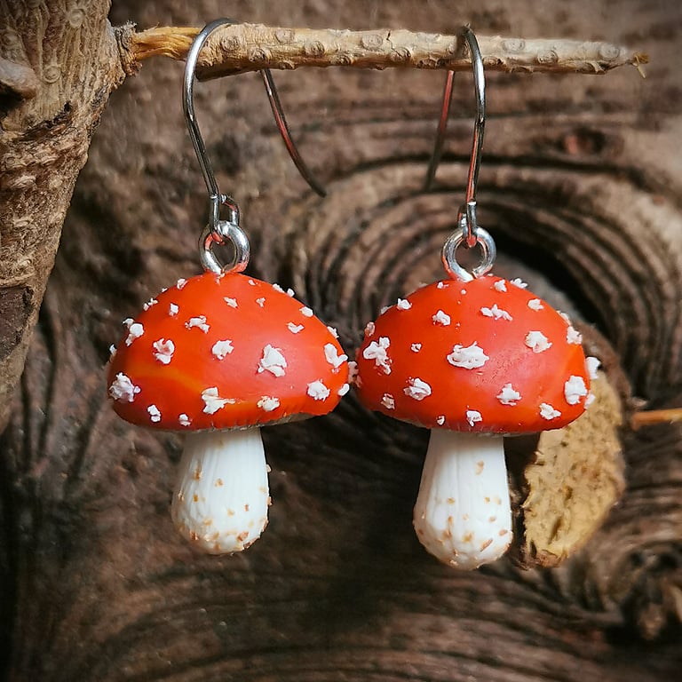 Round Fly Agaric Red Mushroom Earrings