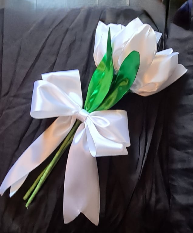 Beautiful Trio of Large White Ribbon Tulips - White Bow. Faux Flowers