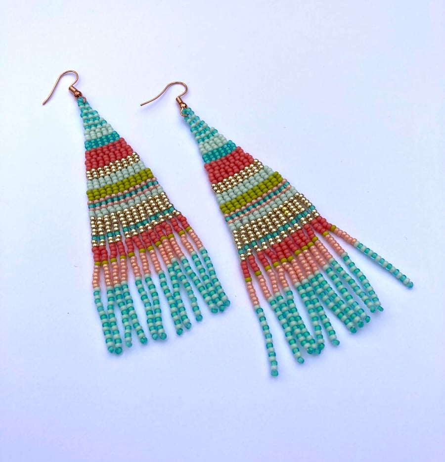 Ice Cream Stripe Long Fringed Beadwoven Earrings