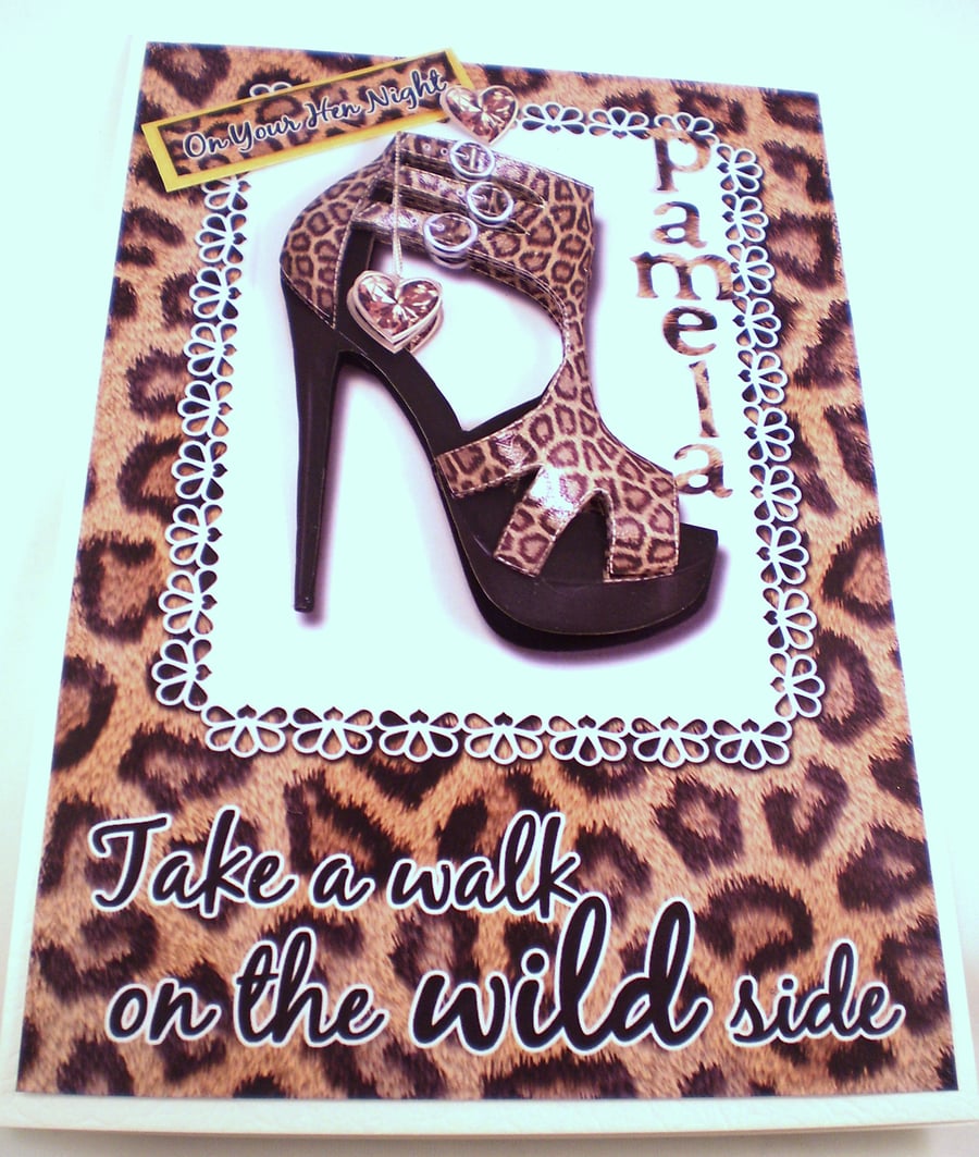 Handmade Hen Night,Weekend Greeting Card Leopard print shoes, Decoupage,3D,