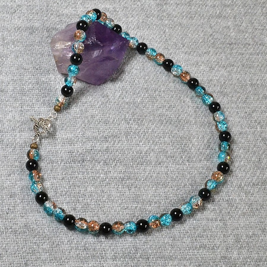 Turquoise and Copper Crackle-Glass and Black Glass Bead Necklace